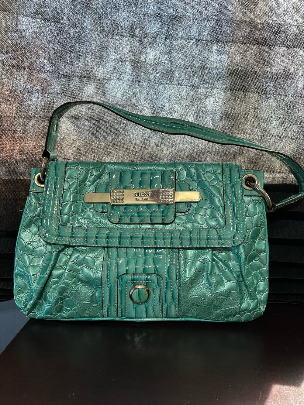 GUESS Green Teal Croc-Embossed Shoulder Bag